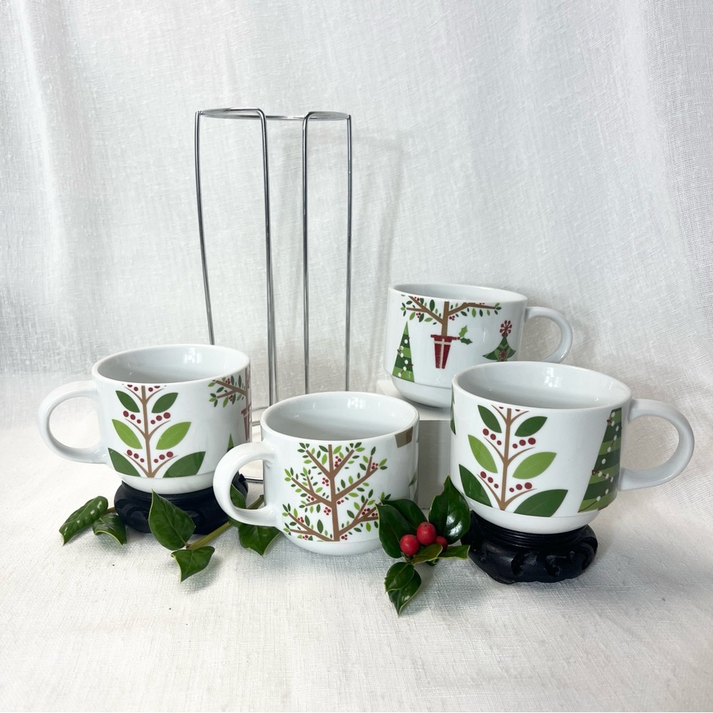 Pier 1 Imports Stackable Holiday Tree Porcelain Mugs Set of 4 Coffee Tea cups